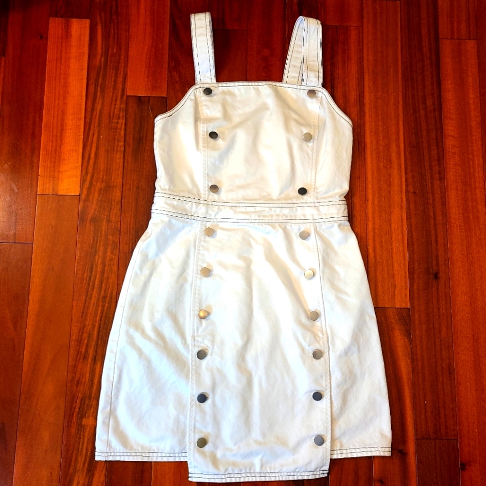 BLDWN Zoe Women's M White Button-Front Denim Dress Party Glam Midi Festival